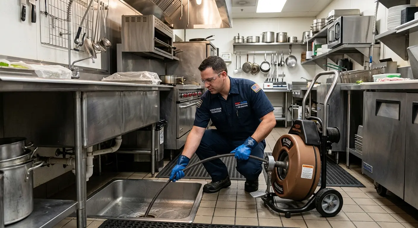 Commercial drain cleaning service in a restaurant kitchen in McGregor