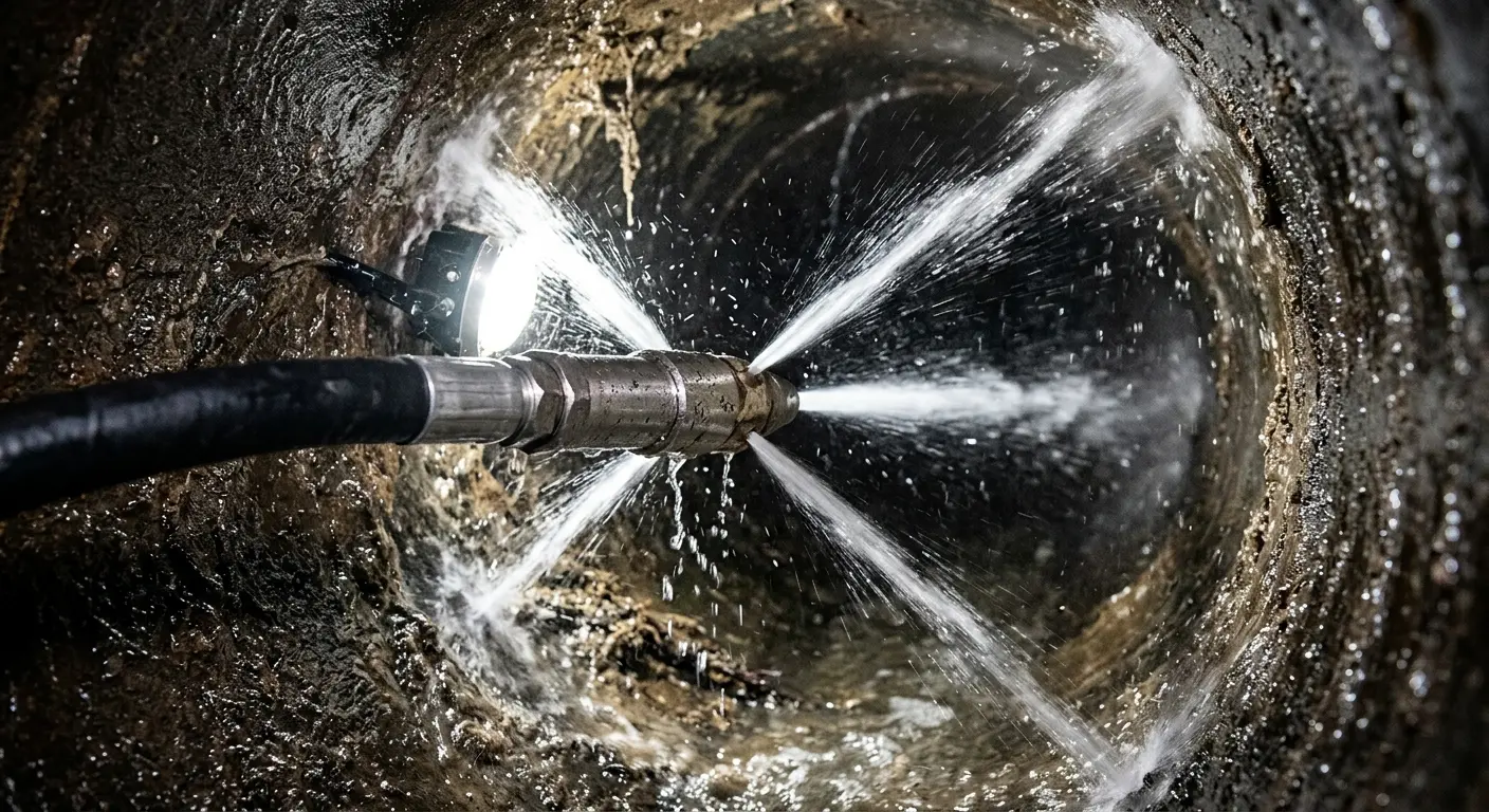 High-pressure hydro jetting nozzle cleaning sewer pipe for Trenchless Sewer Repair in McGregor