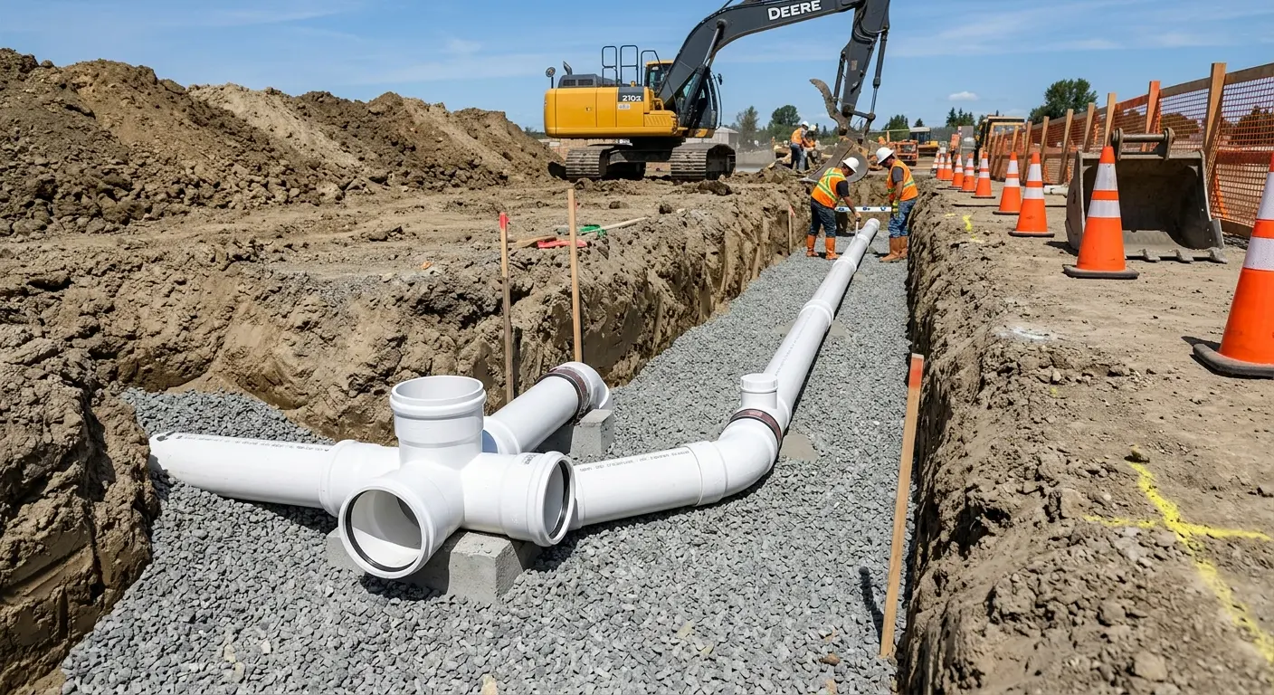 New PVC sewer pipe installation in open trench for Commercial Drain Cleaning in McGregor