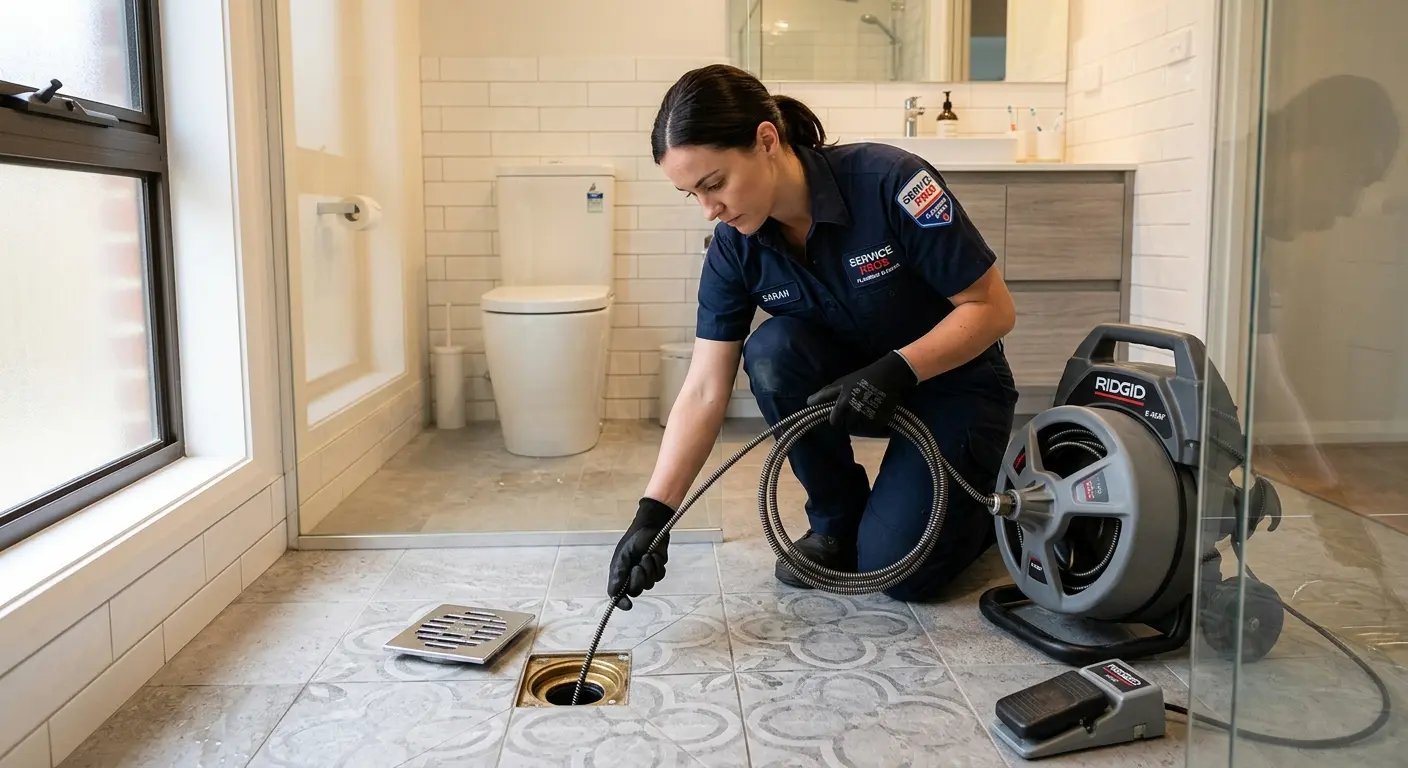 Technician clearing a bathroom floor drain for Clogged Drain Repair in McGregor